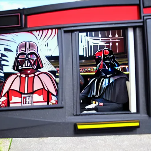 Image similar to Darth Vader having a undulating wildly about his custom order being wrong at Wendy's drive-through, sitting in his TIE FIGHTER.