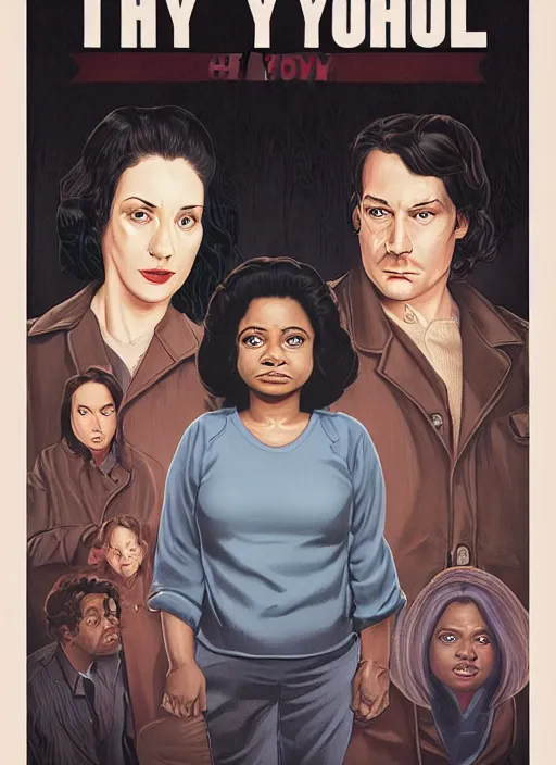 Image similar to psychological thriller I Only Have Eyes For You poster artwork the by Michael Whelan and James Jean, of Octavia Spencer has mysterious man's voice in her head telling her what to do, psychological thriller romance from scene from Twin Peaks, clean, beautifully rendered shaded but simple illustration, nostalgic, domestic, full of details