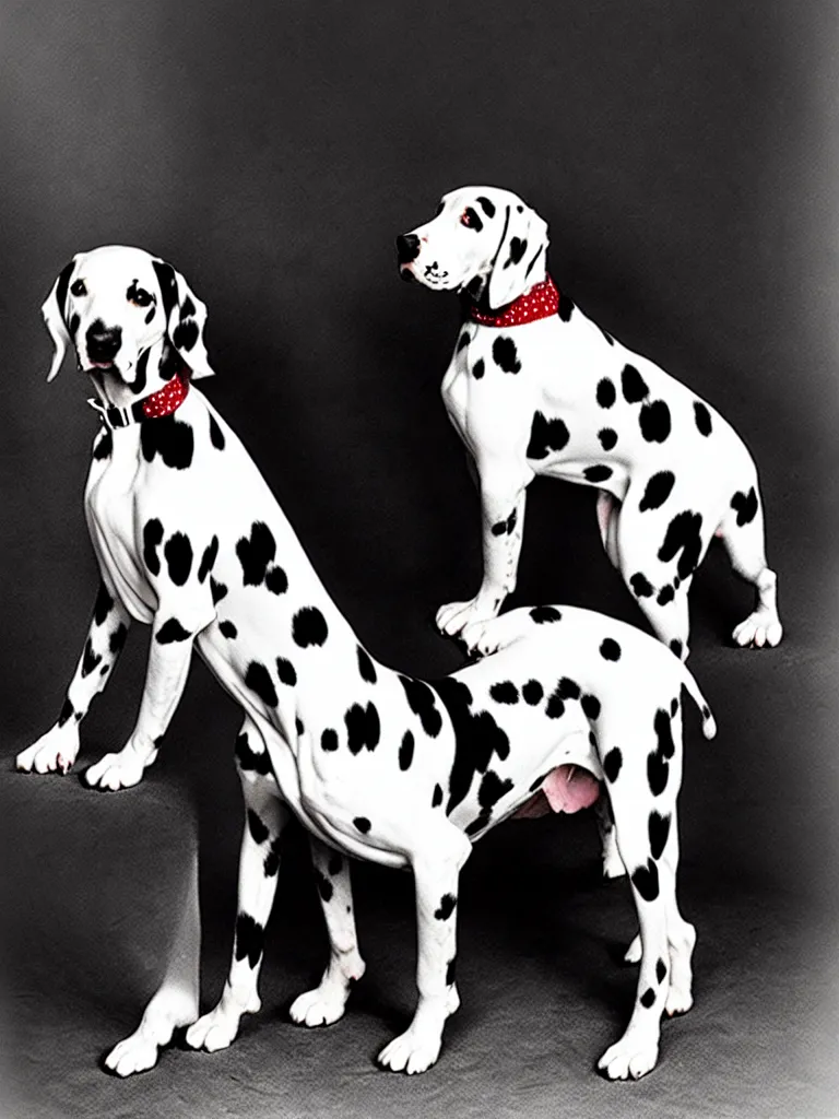 Prompt: a photograph of a dalmatian standing seductively in front of an aristocratic gentleman