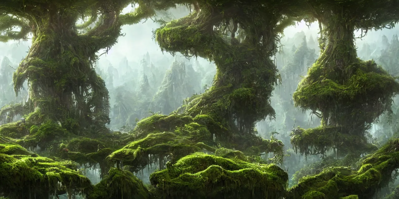 Image similar to a hyper realistic detailed concept art of a floating gigantic tree in the middle surrounding floating mountains megastructure overgrown moss and vine of trees, by tyler edlin fantasy art, 4 k ultra realistic, cgsociety, dynamic volumetric cinematic lighting, trending on artstation