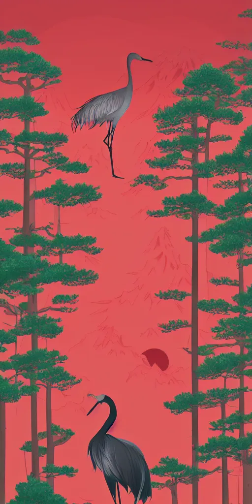 Prompt: a portrait of japanese crane walking into a forest of japanese pines, honeyworks and chico anime style, a big red sun in the background, front game card, vector line art, trending on behance, concept art, stunning, matte