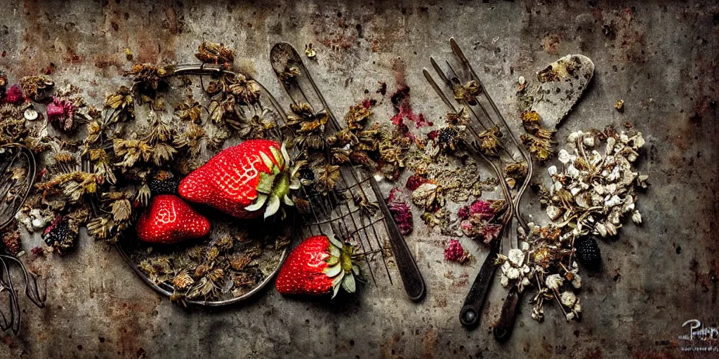 Image similar to side view, decaying rotting strawberry and blackberry, moldy, on an antique distressed table top, dried flowers, metal kitchen utensils, old kitchen backdrop, dark kitchen, style by peter lippmann, intricate detail,