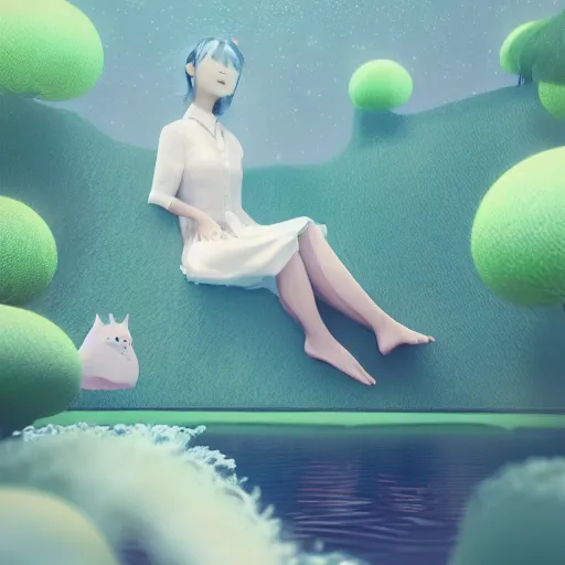 Image similar to daydreaming by Chiho Aoshima as 3d render, octane render , raytracing, reflections