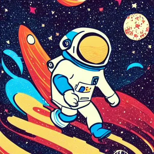 Prompt: colorful disney, mcbess illustration, an astronaut drifting through space