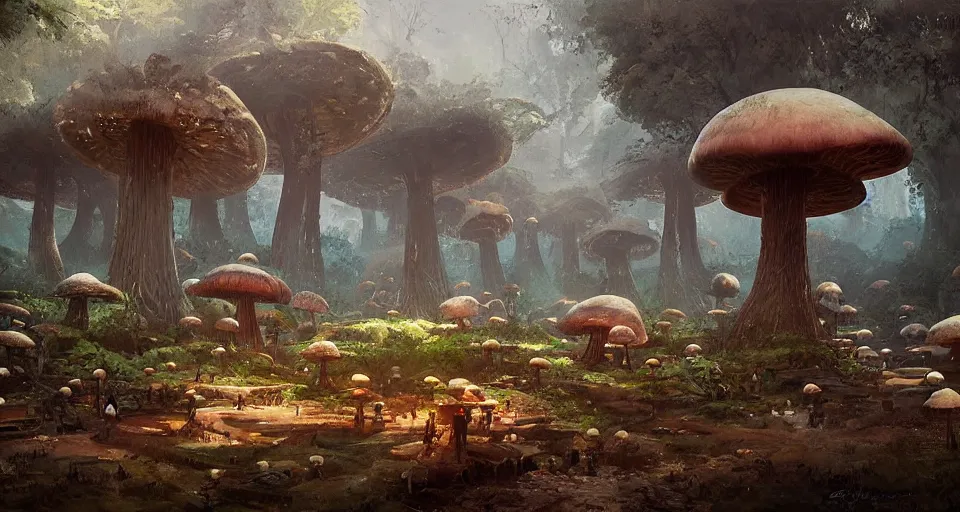 Image similar to A tribal village in a forest of giant mushrooms, by Greg Rutkowski