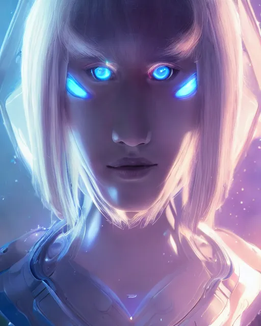 Image similar to perfect android girl on a mothership, warframe armor, beautiful face, scifi, futuristic, galaxy, nebula, bae suzy, dreamy, long white hair, blue cyborg eyes, sharp focus, cinematic lighting, highly detailed, artstation, divine, by gauthier leblanc, kazuya takahashi, huifeng huang