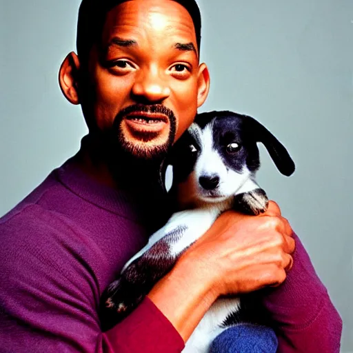 Image similar to Will Smith holding a puppy for a 1990s sitcom tv show, Studio Photograph, portrait C 12.0