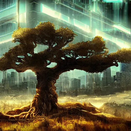 Prompt: a beautiful landscape with an ancient cyberpunk tree in the middle