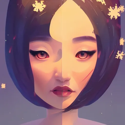 Image similar to face icon stylized minimalist an asian girl with geisha makeup surrounded by snowflakes, loftis, cory behance hd by jesper ejsing, by rhads, makoto shinkai and lois van baarle, ilya kuvshinov, rossdraws global illumination