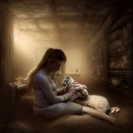 Image similar to a woman nursing a lamb in a barn, dimly lit, night, two red eyes stare at her from the shadows, uhd, 8 k, digital art, award winning,