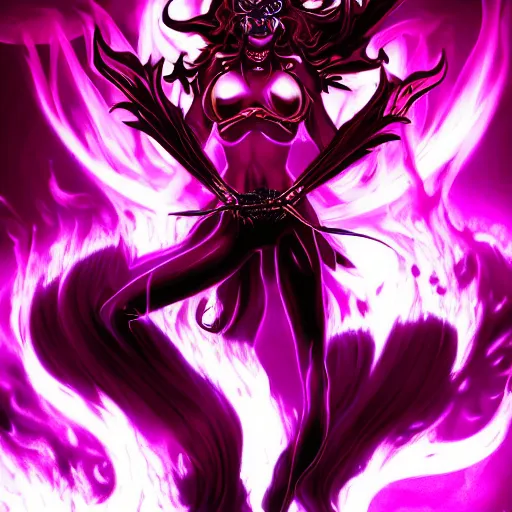 Image similar to pyromancer devil girl cover in purple death flames, deep pyro colors, purple laser lighting, micro macro autofocus, evil realm magic painting vibes