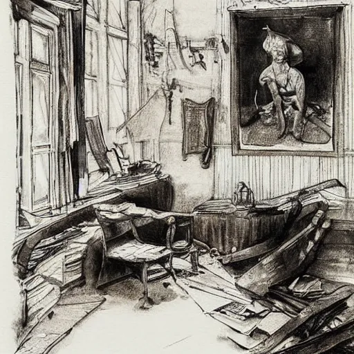 Image similar to dignified, decorative by anders zorn ink drawing, illuminated manuscript. a painting of a room that is wrecked, furniture overturned, belongings strewn about, & debris everywhere. the only thing left intact is a photograph on the wall shows a tidy, well - appointed space, with everything in its place.