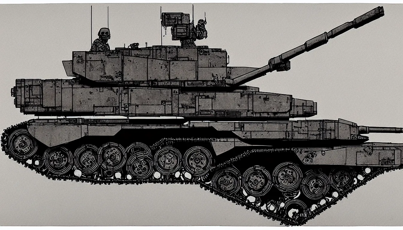 Prompt: a cyberpunk armored t - 8 4 tank by mumford and peter doig and edward hopper, symmetrical, minimal, black ink, thick lines highly detailed, muted colours, overlaid with chinese adverts, 8 k