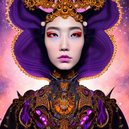 Prompt: a beautiful empress portrait, with a brilliant, impossible striking big cosmic galaxy headpiece, clothes entirely made out of cosmos chaos energy, symmetrical, dramatic studio lighting, rococo, baroque, jewels, asian, hyperrealism, closeup, D&D, fantasy, intricate, elegant, highly detailed, digital painting, artstation, octane render, 8k, concept art, matte, sharp focus, illustration, art by Artgerm and Greg Rutkowski and Alphonse Mucha