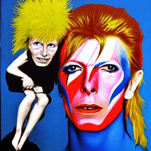 Image similar to david bowie from changes giving a piggy back ride to ziggy stardust. in the style of hans baldung.