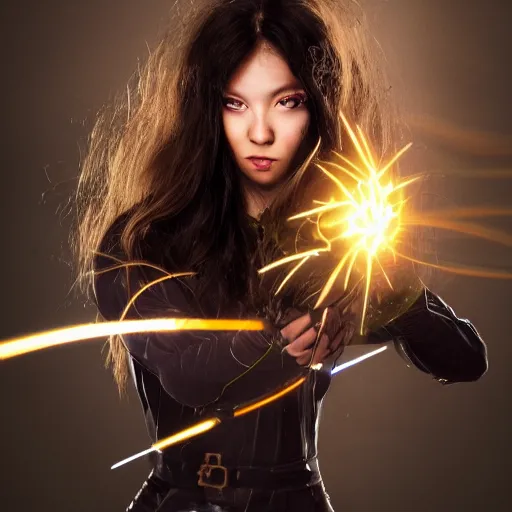 Prompt: a female fantasy wizard shooting a beam of energy at an object off screen, eyes serious cool look,