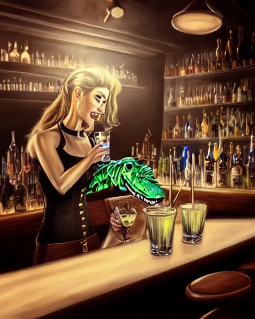 Image similar to a photo of an alligator serving drinks at a bar, fine - face, realistic shaded, fine details. realistic shaded lighting, artgerm, trending on art station