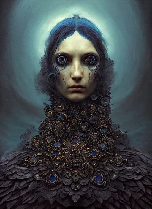 Image similar to Her huge ominous glowing blue eyes staring into my soul , perfect eyes, agostino arrivabene, WLOP, Tomasz strzalkowski, 8k portrait render, raven angel wings, beautiful lighting, dark fantasy art, rococo, gold filigree, cgsociety