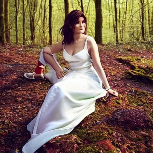 Image similar to picture of gemma arterton wearing a long rainbow wedding gown, sitting in a colorful forest