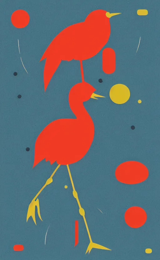 Prompt: poker card style, simple, modern look, colorful, japanese crane bird symbol in center, pines symbols, maintain aspect ratio, turchese and yellow and red and black, vivid contrasts, for junior, smart design, backed on kickstarter