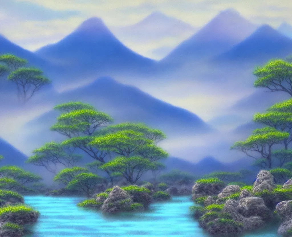 Image similar to a landscape pastel in the style of noriyoshi ohrai of a blue river to some misty mountains in the background. along the river stands stone pillars that reflect in the water. key art. 4 k fantasy