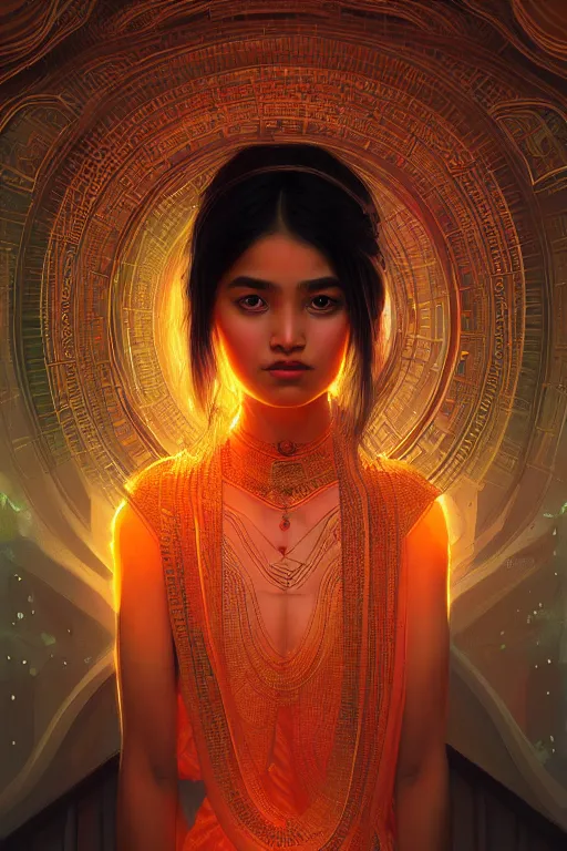 Prompt: portrait futuristic beautiful assamese bihu Girl, inside hindu temple, ethereal, fantasy, intricate, very very beautiful, elegant, human anatomy, neon light, highly detailed, digital painting, artstation, concept art, soft light, smooth, sharp focus, illustration, art by tian zi and WLOP and alphonse mucha