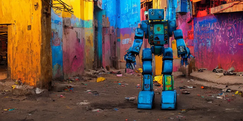 Prompt: colourful - damaged - giant mecha ROBOT of neon lit AJEGUNLE SLUMS of Lagos, markings on robot, Golden Hour,