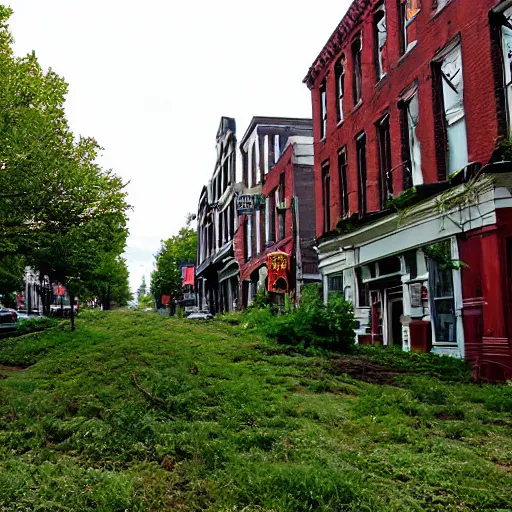 Image similar to main street in northampton, ma overgrown after 5 0 0 years since the apocalypse