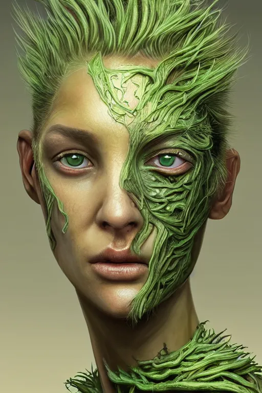Prompt: beautiful portrait of a mutant algae plant character, intricate transhuman, dystopian cyberpunk, eyelashes, extremely detailed, digital painting, sculpted in zbrush, artstation, concept art, smooth, sharp focus, illustration, chiaroscuro soft lighting, golden ratio, rule of thirds, fibonacci, incredible art by Stanley Artgerm Lau and Greg Rutkowski, composition by mike mignola and Simon Stalenhag,