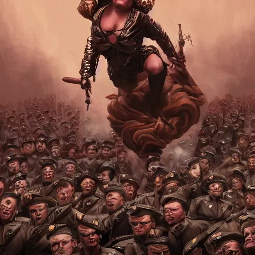 Prompt: abby lee miller as a military dictator, giving a speech to her troops by artgerm and wlop and scott fischer and seb mckinnon, digital art, highly detailed, wide shot, intricate, fantasy, mystical, sharp focus, Trending on Artstation HQ, deviantart, unreal engine 5, 4K UHD image