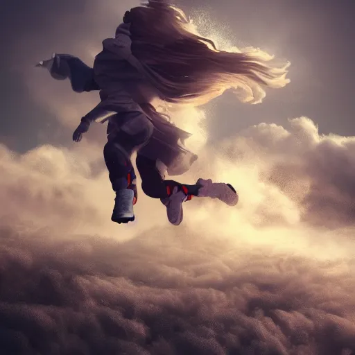 Image similar to running and falling on clouds, 4k, post-processing, detailed, artstation, burning
