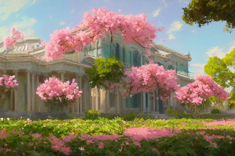 Image similar to green weed grow house, rococo style, greek architecture, pink marble building, sakura trees, sakura season dynamic lighting, landscape, artwork by jeremy lipkin and giuseppe dangelico pino and michael garmash and rob rey and greg manchess and huang guangjian and makoto shinkai, pixiv, 1 0 0 mm