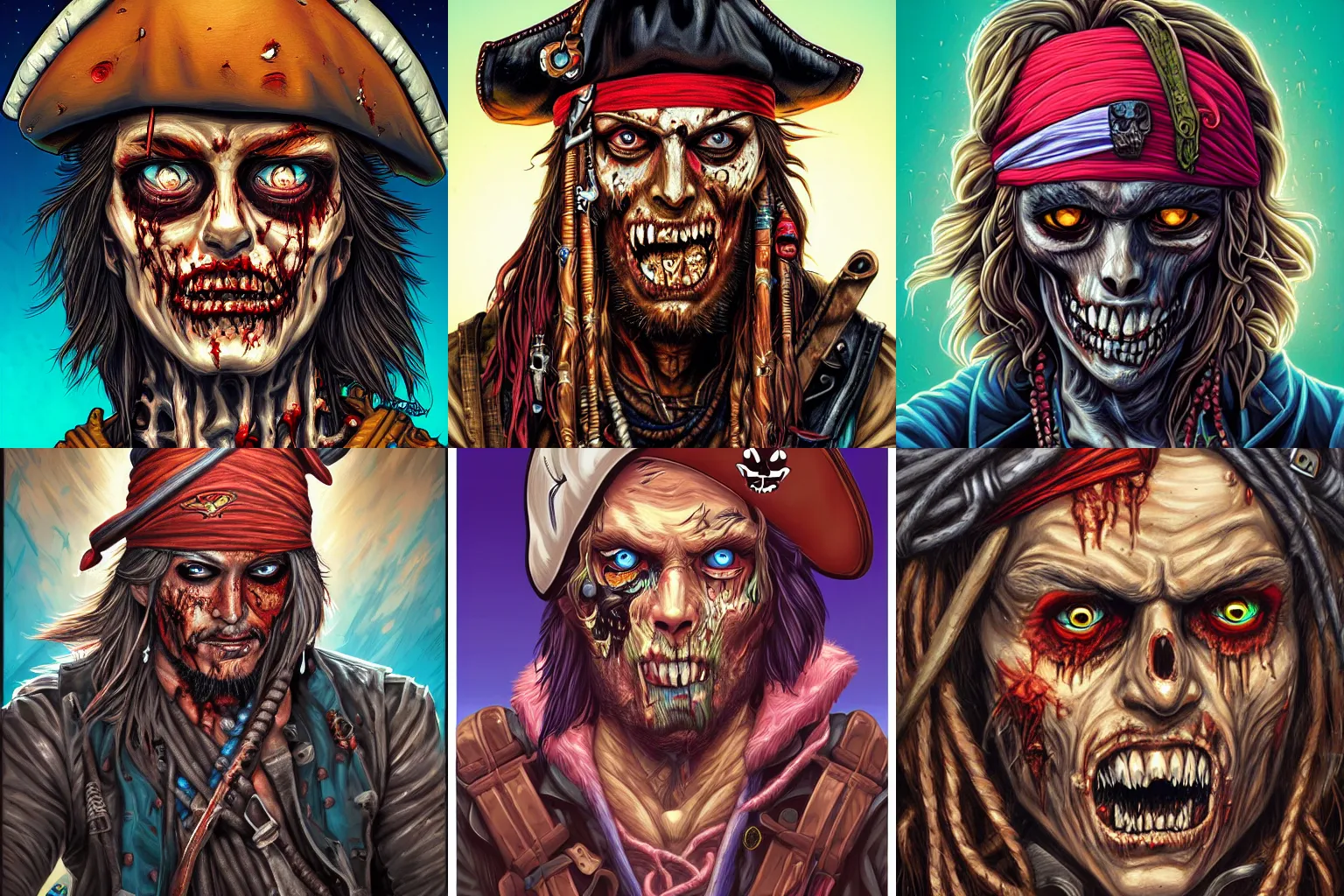 Prompt: portrait painting of a pirate zombie by Dan Mumford, hyper detailed, trending on Artstation