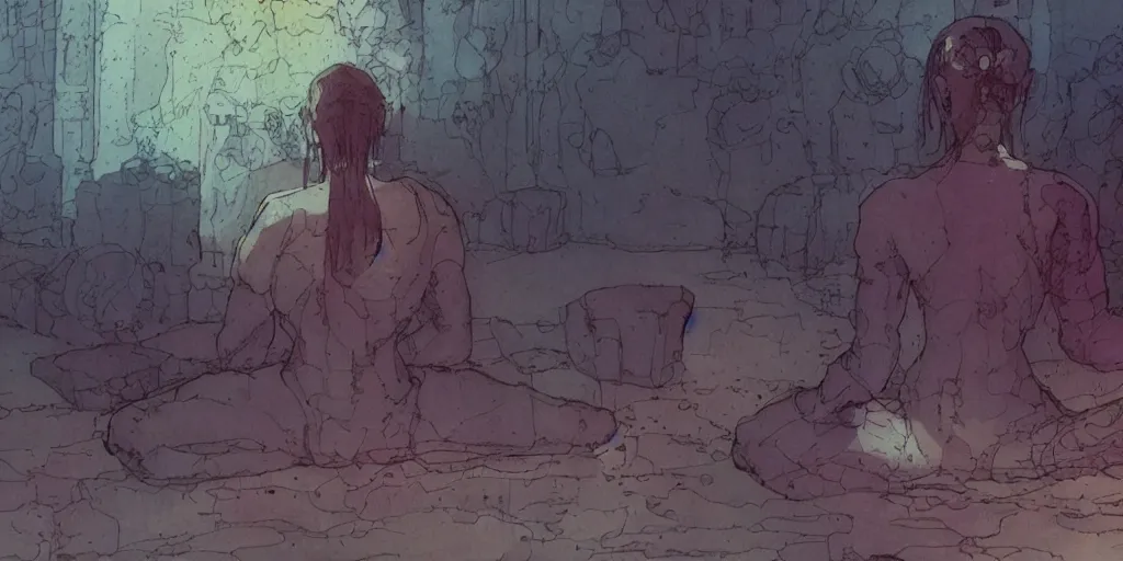 Prompt: a large crowd, blurred, in it in focus a girl, meditating, cyberpunk, by moebius,