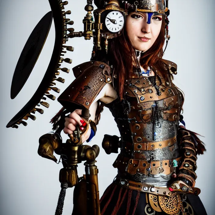 Prompt: full length photograph of a real - life very beautiful clockpunk warrior. extremely detailed. dslr. 8 5 mm.