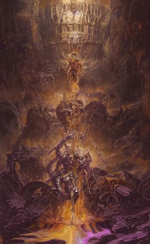 Image similar to epic omnious academic drawing of a heroic but corrupted wh40k heretic marine having his consciousness uploaded into iridescent warp by Slaanesh his Highness the chaotic androgynous deity in solemn golden and marble slaaneshite temple by James Gurney, Zdislaw Beksinski, Alex Gray, Greg Rutkowski, Robert McCall