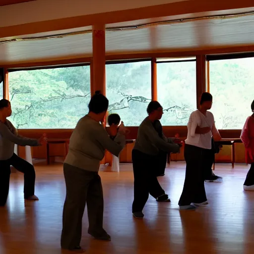 Prompt: tai chi class at a chinese tea house in the stytle of kuroda seiki