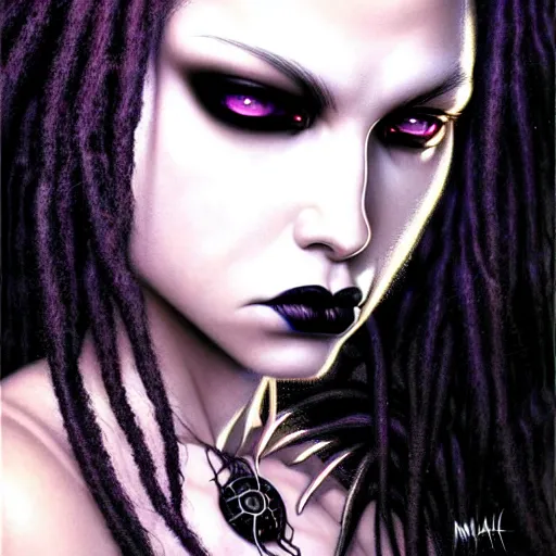 Image similar to portrait of a female cybergoth dreadlocks, dark, piercing eyes, exotic expression, esoteric clothing, photorealistic, highly detailed, mysterious lighting, artstation, smooth, sharp focus, art by michael whelan, artgerm, greg rutkowski and luis royo