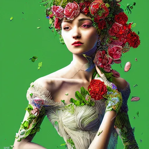 Image similar to the portrait of an absurdly beautiful, graceful, elegant, sophisticated, fashionable woman made of strawberries and green petals focusing hard, an ultrafine hyperdetailed illustration by kim jung gi, irakli nadar, intricate linework, bright colors, octopath traveler, final fantasy, unreal engine 5 highly rendered, global illumination, radiant light, detailed and intricate environment