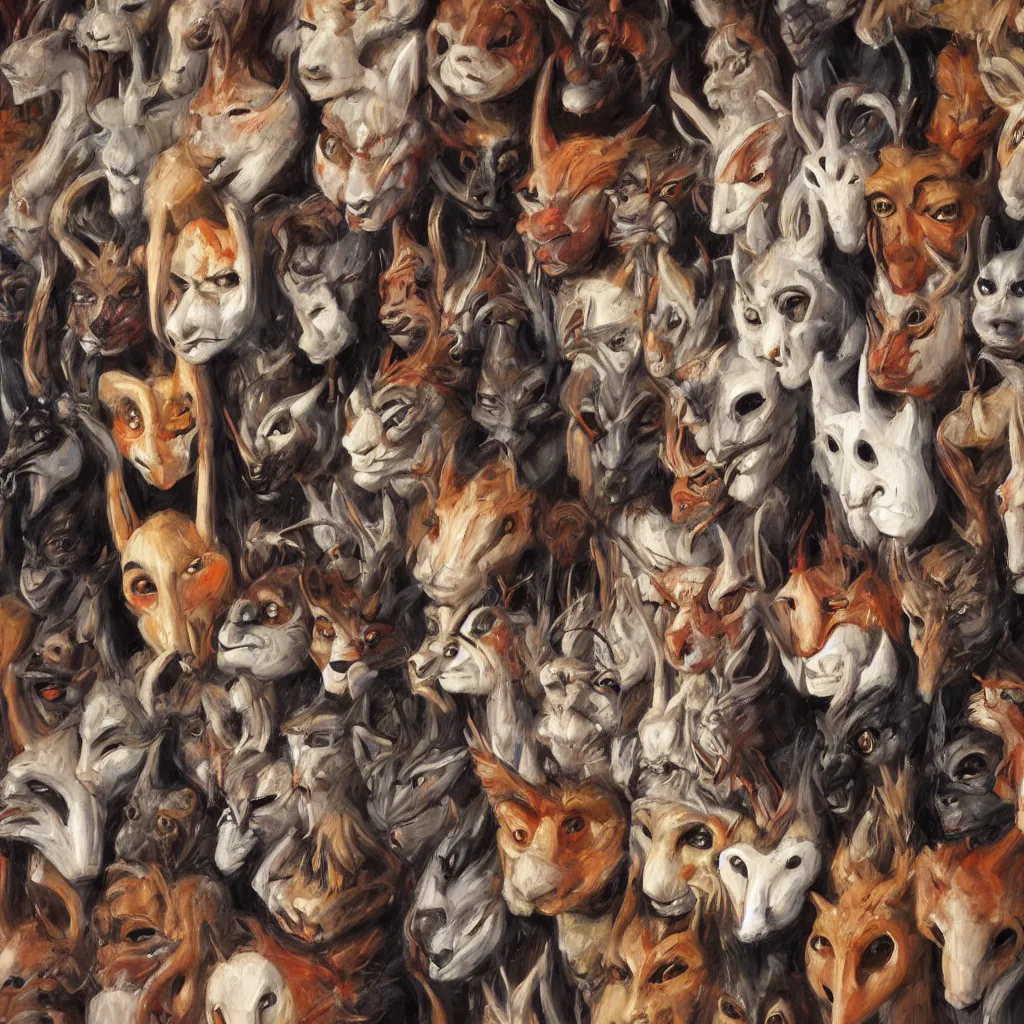 Image similar to a painting of a collection of animal masks hanging on a wall, by julie bell, detailed, concept art, trending on artstation, low light, dramatic