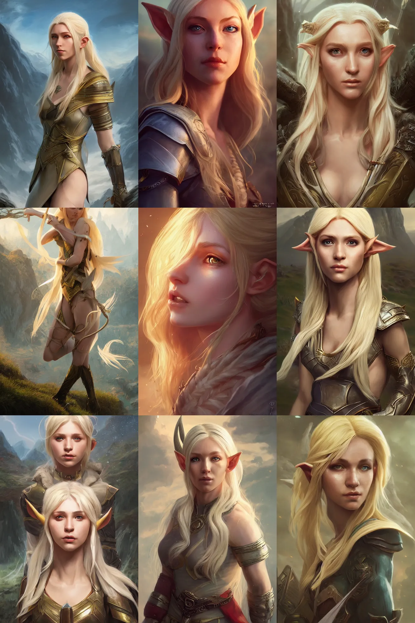 Prompt: A comic book style portrait painting of a blonde female elf cleric in a stunning fantasy landscape, semi-realism, unreal 5, DAZ, hyperrealistic, octane render, RPG portrait, dynamic lighting, daily deviation, very very very very very beautiful, detailed, greg rutkowski, ross tran