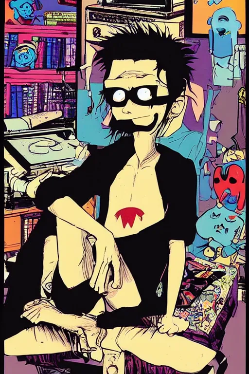 Prompt: nerdy goth guy, cluttered messy 9 0 s bedroom, by jamie hewlett, jamie hewlett art, vaporwave, 9 0 s aesthetic, 9 0 s vibe,