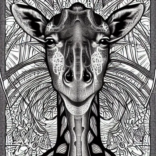 Prompt: a symmetrical portrait illustration of a giraffe hand drawn sketch on artstation 4 k intricate extremely detailed digital art by alex grey