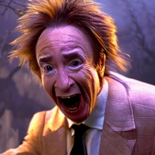 Prompt: martin short under a full moon transforming into a werewolf, his face contorts in pain as his body changes into a beast cinematic dramatic lighting award winning scene