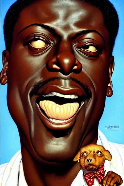 Image similar to bernie mac by gil elvgren and norman rockwell and rob gonsalves and hajime sorayama, hyperrealistic, high detail, ultra detailed, highly detailed face, ruffled fabric