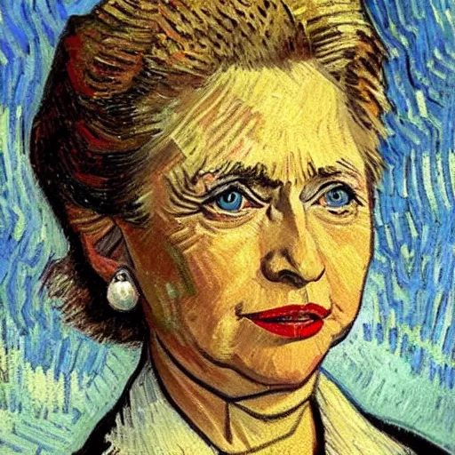 Image similar to detailed oil portrait of hillary clinton wearing pearl earrings, painted by van gogh