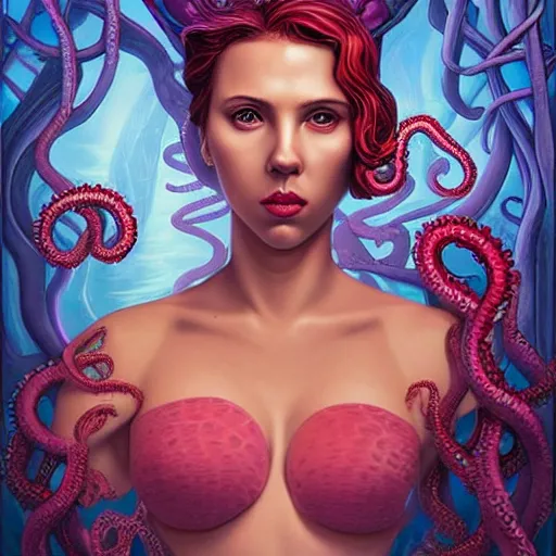 Image similar to lofi underwater lovecraftian portrait of scarlett johansson, octopus, Pixar style, by Tristan Eaton Stanley Artgerm and Tom Bagshaw.