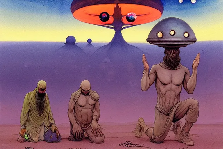 Image similar to a hyperrealist watercolour character concept art portrait of a group of middle eastern men kneeling down in prayer in front of an elegant alien with 1 2 eyes on a misty night in the desert. a ufo is in the background. by rebecca guay, michael kaluta, charles vess and jean moebius giraud