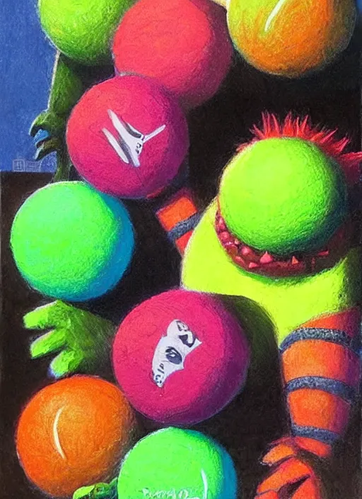 Prompt: tennis ball monsters playing tennis, a tennis ball monster ,tennis ball, colorful, digital art, fantasy,epic, magic, trending on artstation, ultra detailed, professional illustration,chalk, poster artwork by Basil Gogos , clean