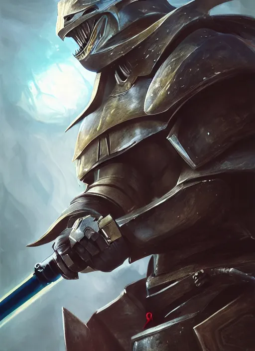 Image similar to side portrait of a humanoid shark in armor holding a lightsaber, anime, hyper - realistic, detailed, ghibli, ruan jia, wlop, fantasy, scifi, magic the gathering